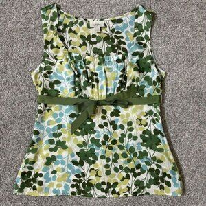 Ann Taylor LOFT Blouse Womens 8 Green Leaf Print Sleeveless Belted Business